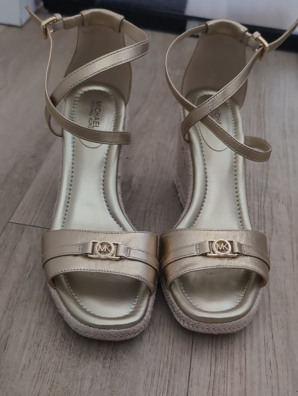 Michael Kors Gold Espadrille Wedge Sandals with Ankle Strap